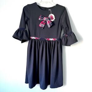 Patachou girls navy holiday dress with plaid bow NWT size 12